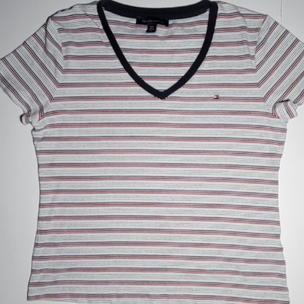 Tommy Hilfiger Womens Red Blue Gray Striped V Neck Short Sleeve Polo Size XL